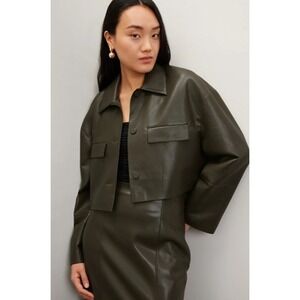 Nanushka Jacket‎ Womens XL Green Holleen Vegan Leather Crop Button Up